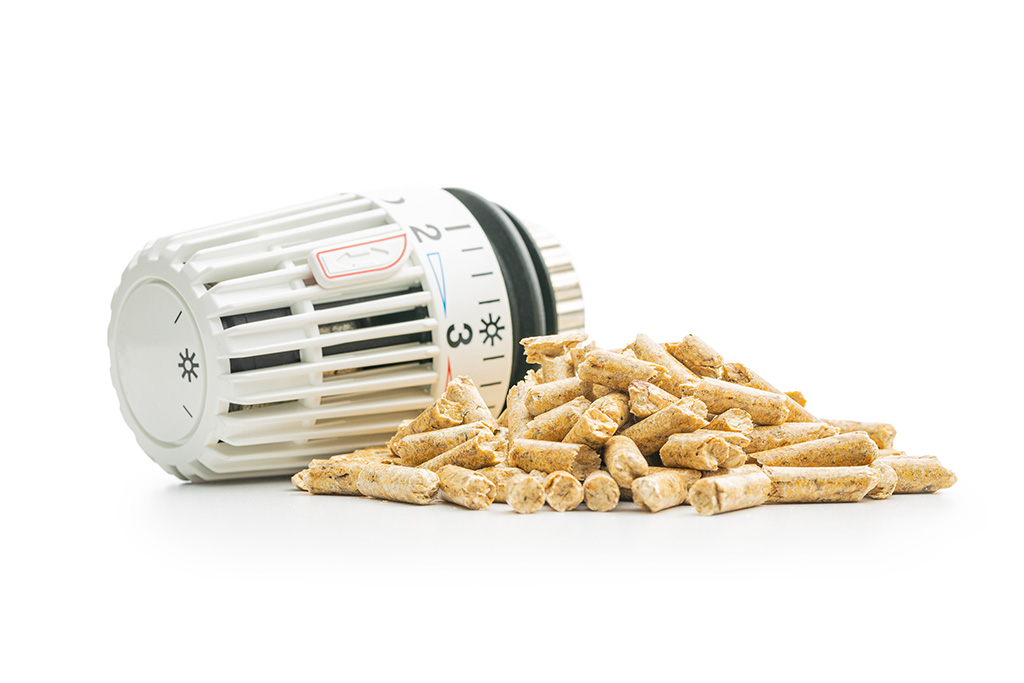 Wooden pellets and thermostatic valve head isolated on white background. Biomass - Renewable source of heating.